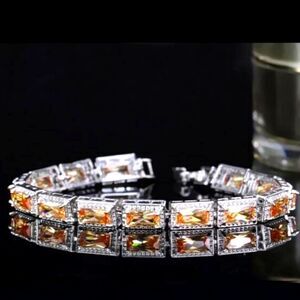 Citrine Rectangular 5 mm Princess Cut Topaz Tennis Bracelet on 925 Silver